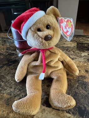 🎄1997 Ty Holiday Teddy Beabie Baby Bear With Santa Hat